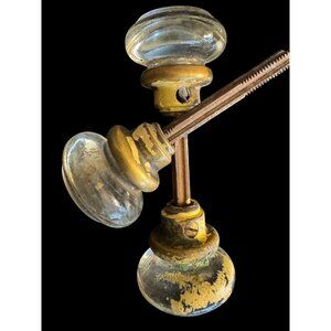 Antique Glass & Brass Door Knob Set With Spindle Aged Patina Vintage Hardware Fo